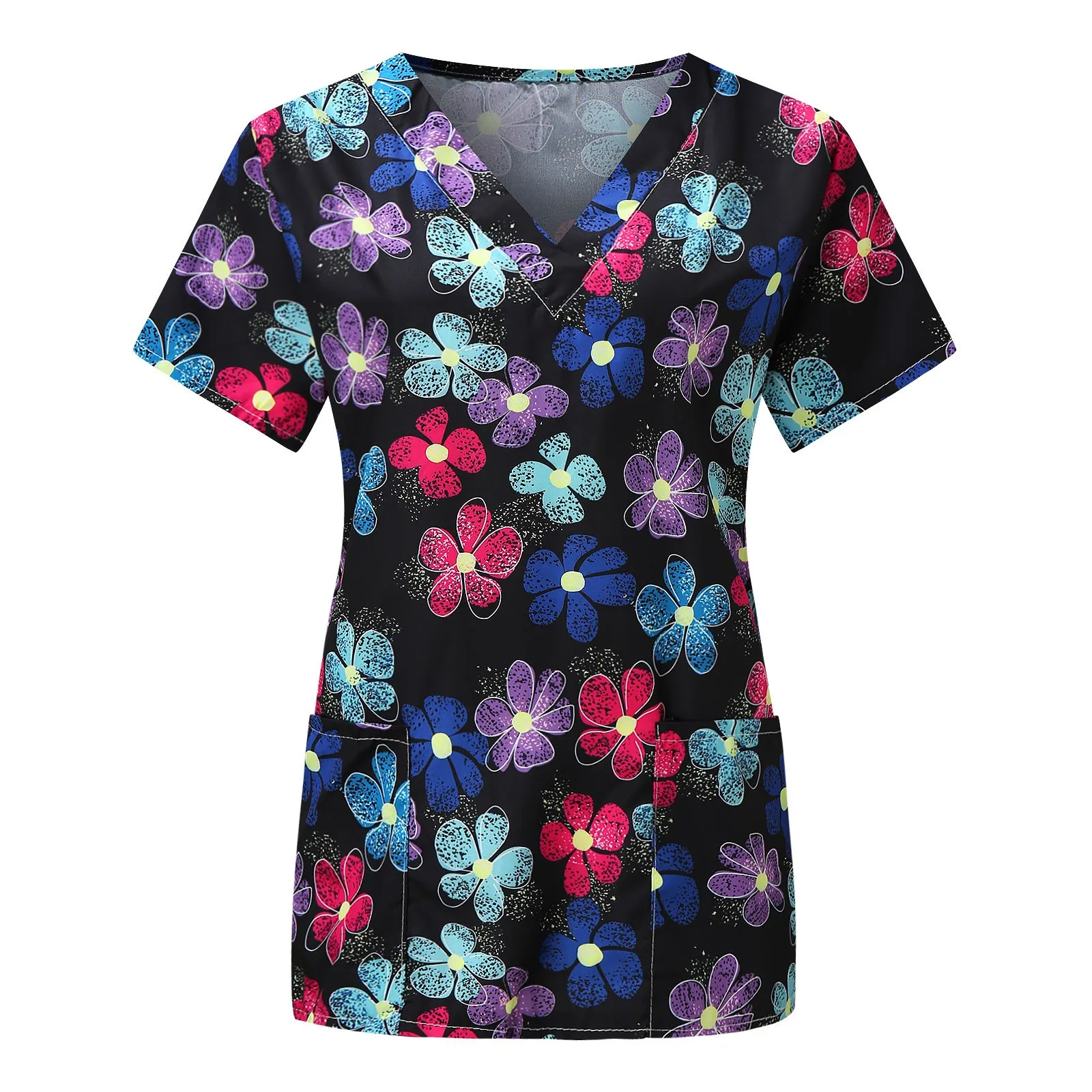 

Flower Print Spa Uniform Nurse Blouse Carers Short Sleeve Scrub Tops Pet Shop Workwear Slim Fit Top V-neck Healthcare Tunic
