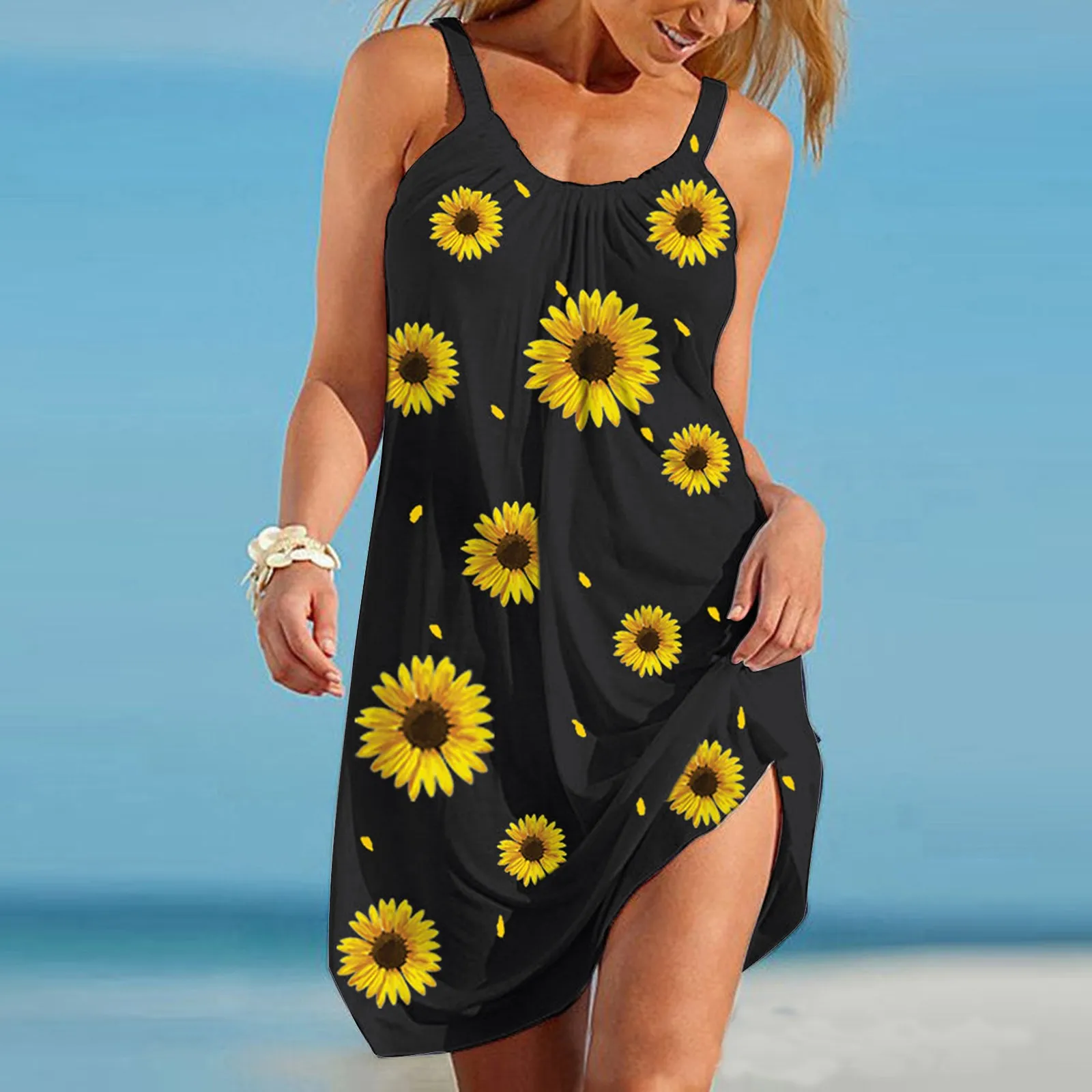

Summer Women Sunflower Dresses Sleeveless Tank Dress Loose Casual Printed Strap Boho Beach Vacation Dress Sundress