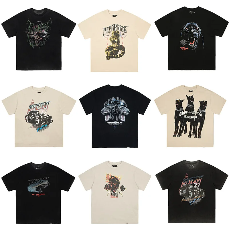 

REPRESENT LIFE Shark Doberman Printed Short Sleeve T-Shirt High Street Loose Couple Trend Half Sleeve Men