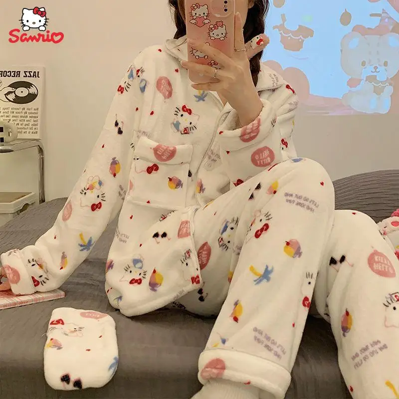 

Hello Kitty Coral Velvet Plush Pajamas Cartoon Anime Sanrio Winter Thickened Cardigan Female Long-Sleeved Home Wear Girls Gift