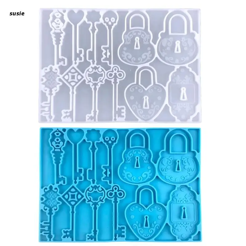 

X7YA Shiny Glossy Silicone Resin Molds Key Love Lock Keychain Mold DIY Backpack Pendant Jewelry Epoxy Resin Crafting Molds