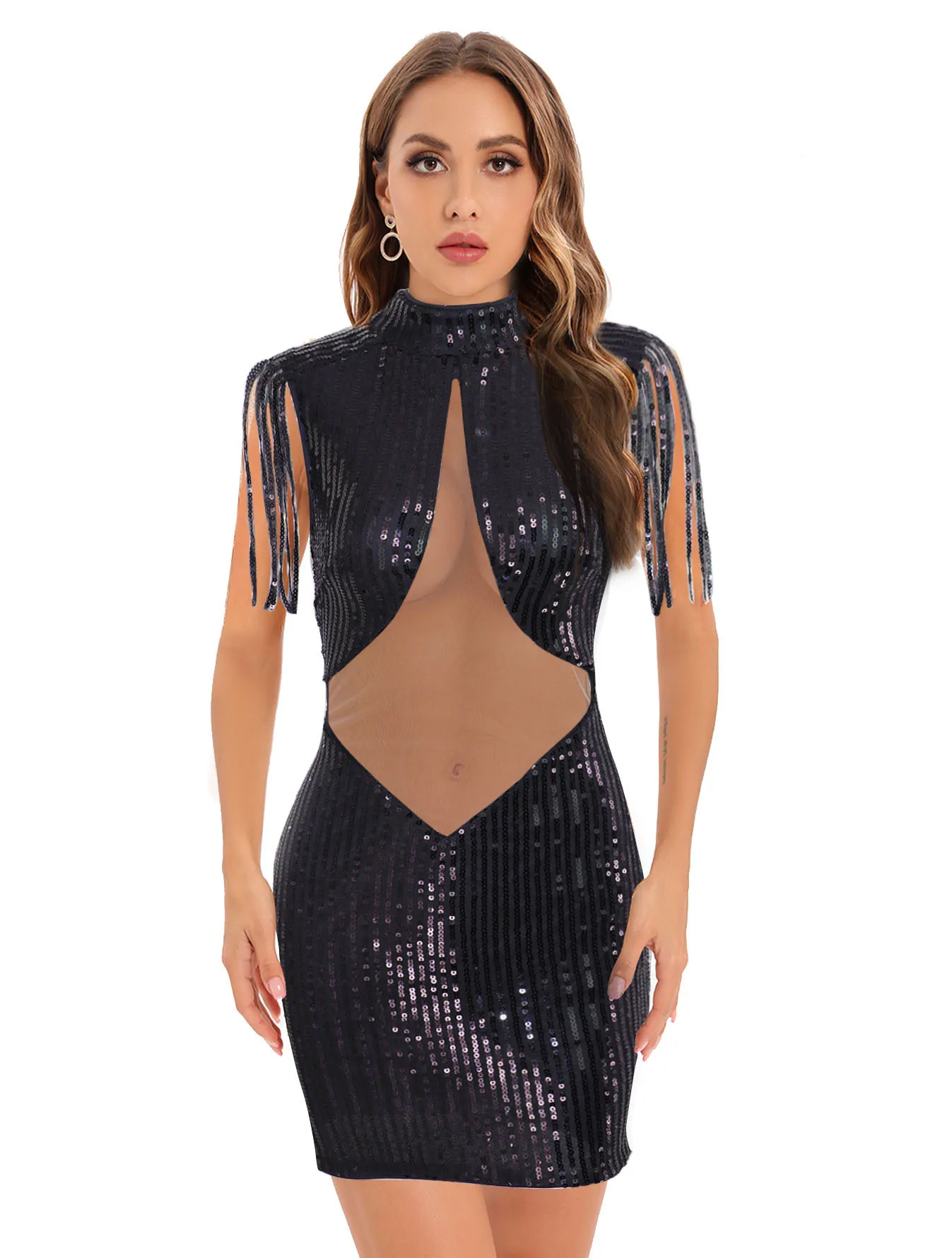 Women Sexy Sequins Tassels Mini Dress Hollow See Through High Collar Sleeveless Party Dress Fashion Slim Waist Nightclub Dresses