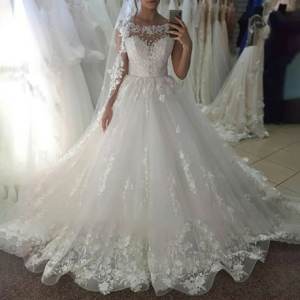 

Women's Wedding dress long sleeve Lace beading ball gown princess Wedding Dress plus size bride dress robe de mariee