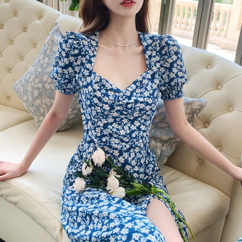 

Slit Bubble Sleeve Black Square Collar Floral Chiffon Dress for Women Retro Temperament Fairy Mori Tied Long Summer New In Dress