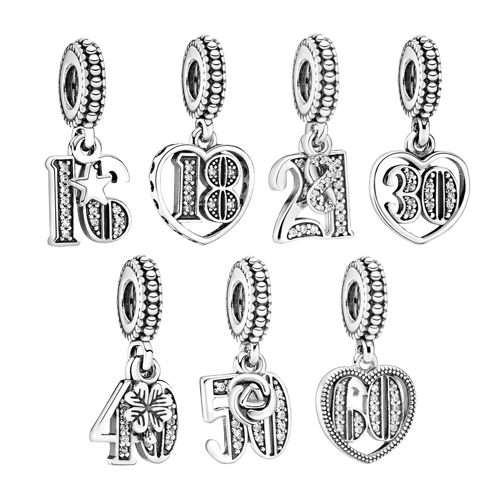 Pandora 925 Silver Dangle Charm pour femme, bracelet bricolage, 16e, 21e, 30e, 40e, 50e, 60e convocation, cadeau de fête d'anniversaire