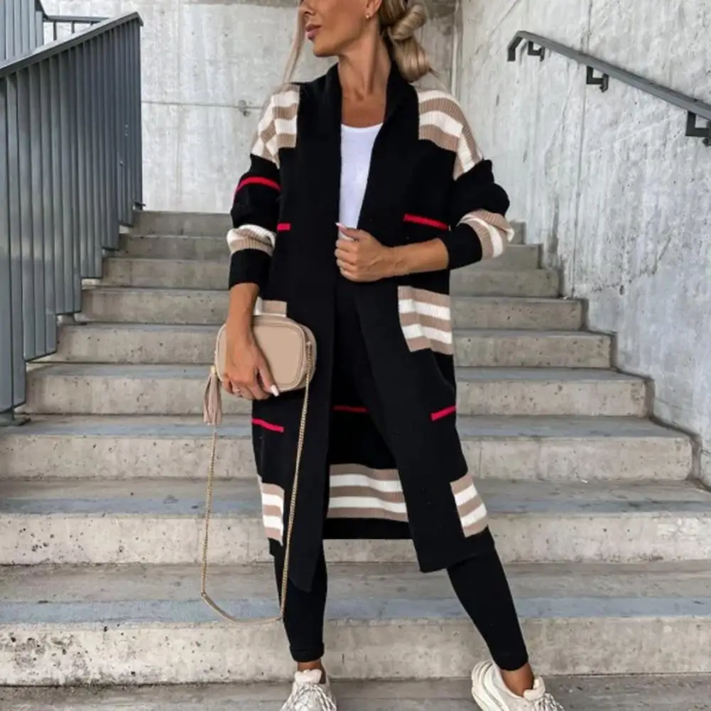 

2022 Autumn Winter Fashion Knitted Cardigan Women Elegant Striped Patchwork Loose Long Outerwear Casual Long Sleeve Sweater Coat