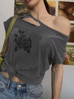 weiyao y2k rose printed hollow out knitted t shirts harajuku o neck vintage crop top streetwear summer women casual retro tee