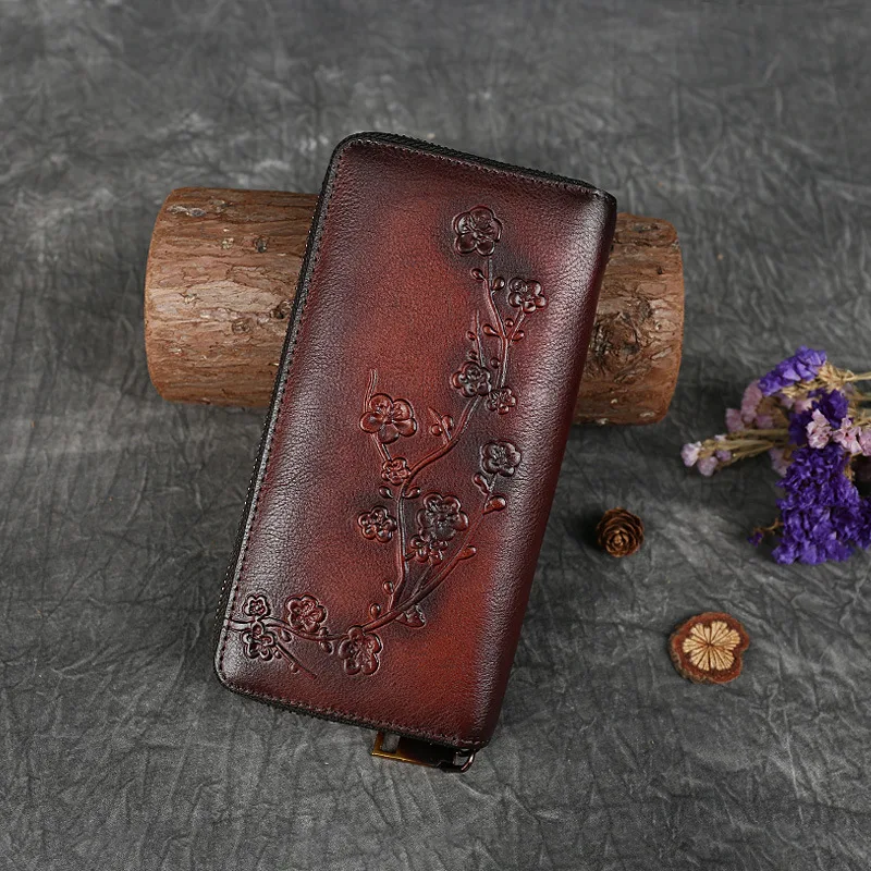 Women Wallet New Fashion Retro Leather Purse Vintage Chinese Style Plum Flower Embossed Female Luxury Zipper Clutch Bag Gift