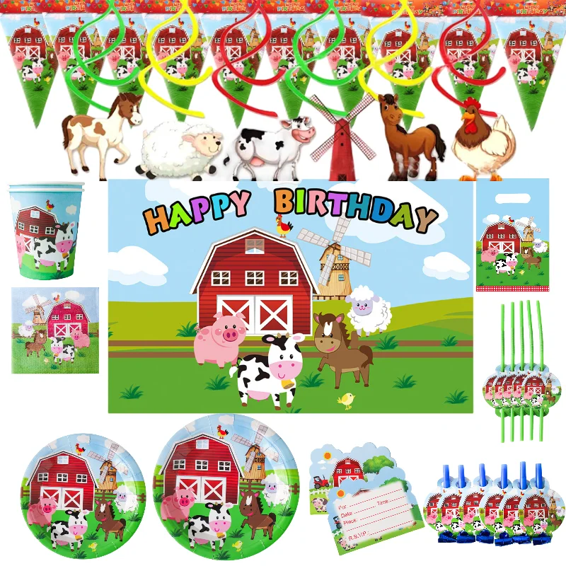 

Picnic Farm Animal Disposable Party Tableware Dish Cup Plate Napkins Cake Flag Cow Pig Chicken Kids Birthday Decorations