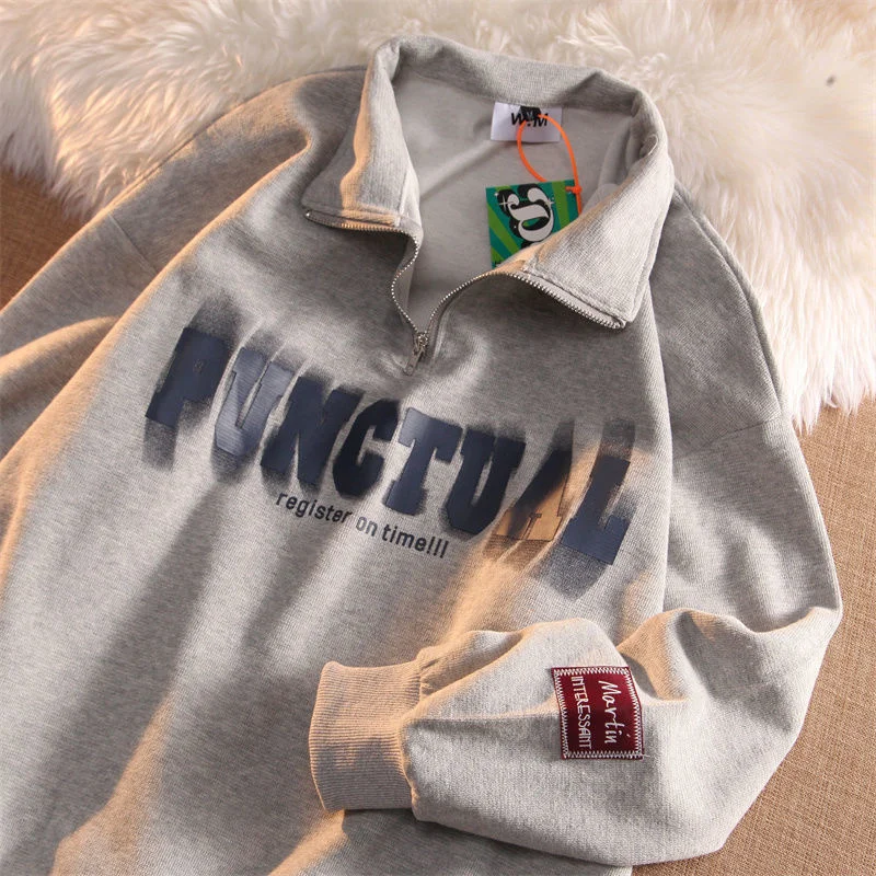 

Retro Letter Polo Shirt Men Women Casual Loose Trend Couple Bf Lapel Sweatshirts Japan Harajuku Hip Hop Long Sleeve Pullovers