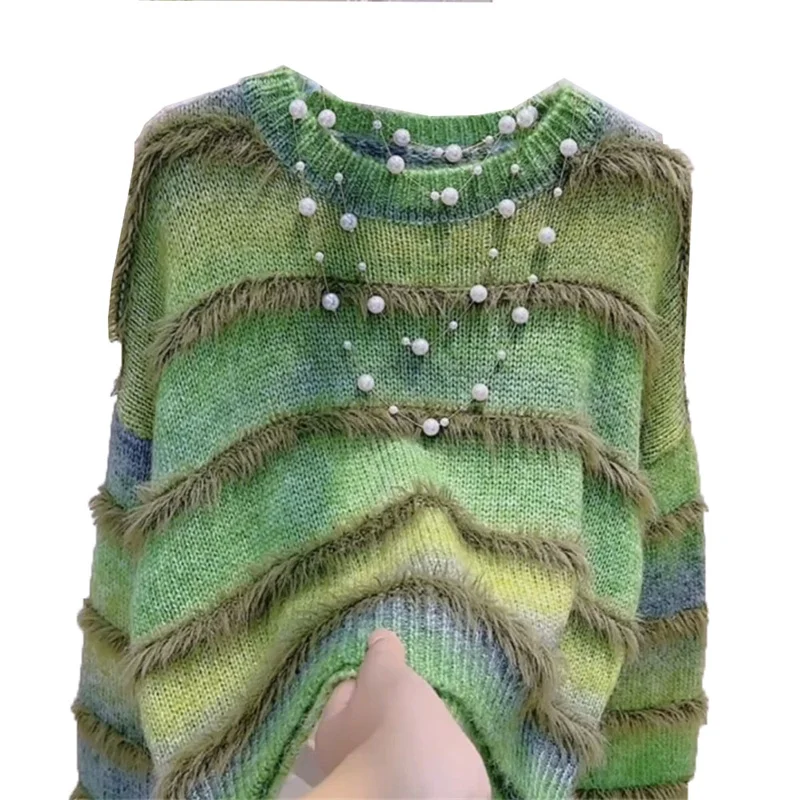 Мягкий липкий постепенно меняющий цвет свитер с бахромой для женщин осень и зима