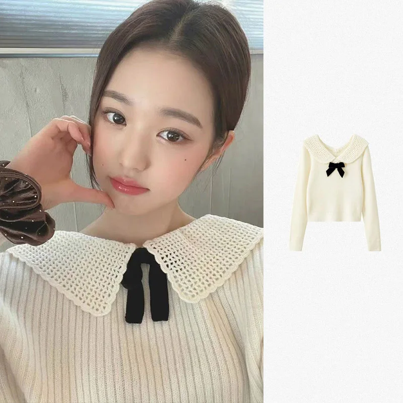 

2023 New Kpop IVE Jang Won Young Sexy White Long Sleeve Sweet Knitted Swetaers Women Autumn Streetwear Fashion Pullover Knitwear