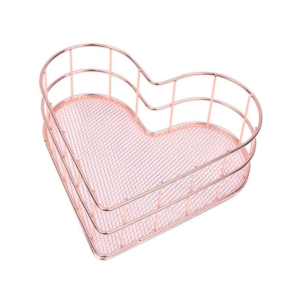 

Desktop Storage Basket Multifunctional Metal Nordic Rose Gold Heart Shape Table Cosmetics Organizer Space Saver Small Furniture