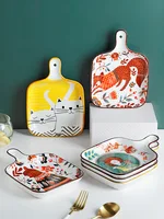 Nordic Ceramic Hand-Painted Glazed Color Plate Household Microwave Anti-Hot with Handle Baking Tray Breakfast Plate Tableware