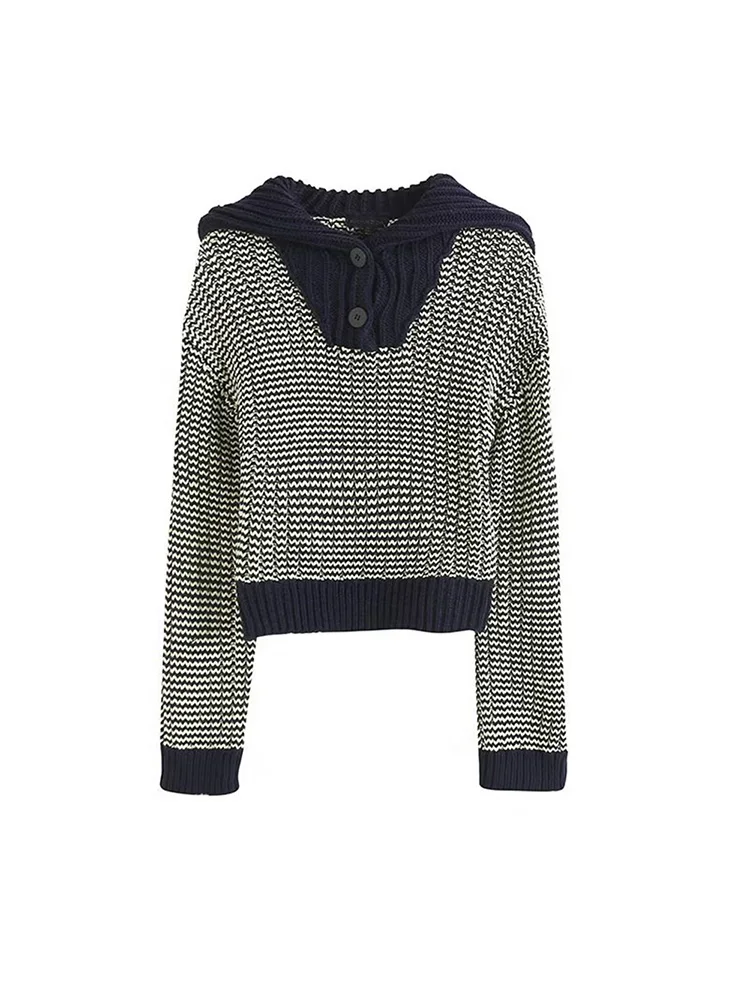 

Женский трикотажный свитер с матросским воротником BM & MD & ZA, модный двухцветный укороченный свитер с длинным рукавом, винтажные женские пул...