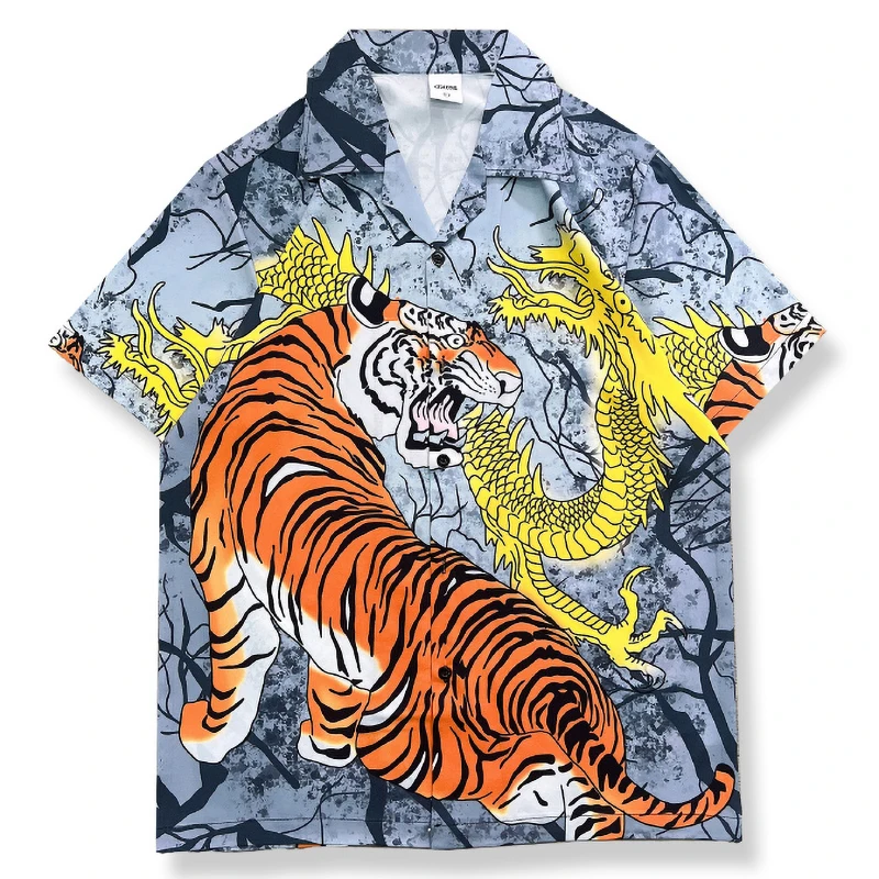 

Гавайская пляжная рубашка для мужчин, летняя блузка на пуговицах, в стиле хип-хоп, с графическим принтом тигра, модная уличная одежда в стиле Харадзюку, Алоха, Hispter