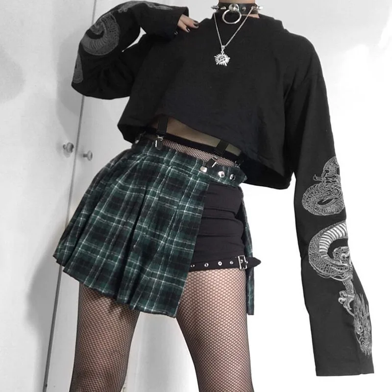 

Gothic Dragon Print Pullovers Women Gothic Fashion Casual Flare Sleeve O Neck Sweatshirts Zipper 2022 Dark Academia Crop Tops