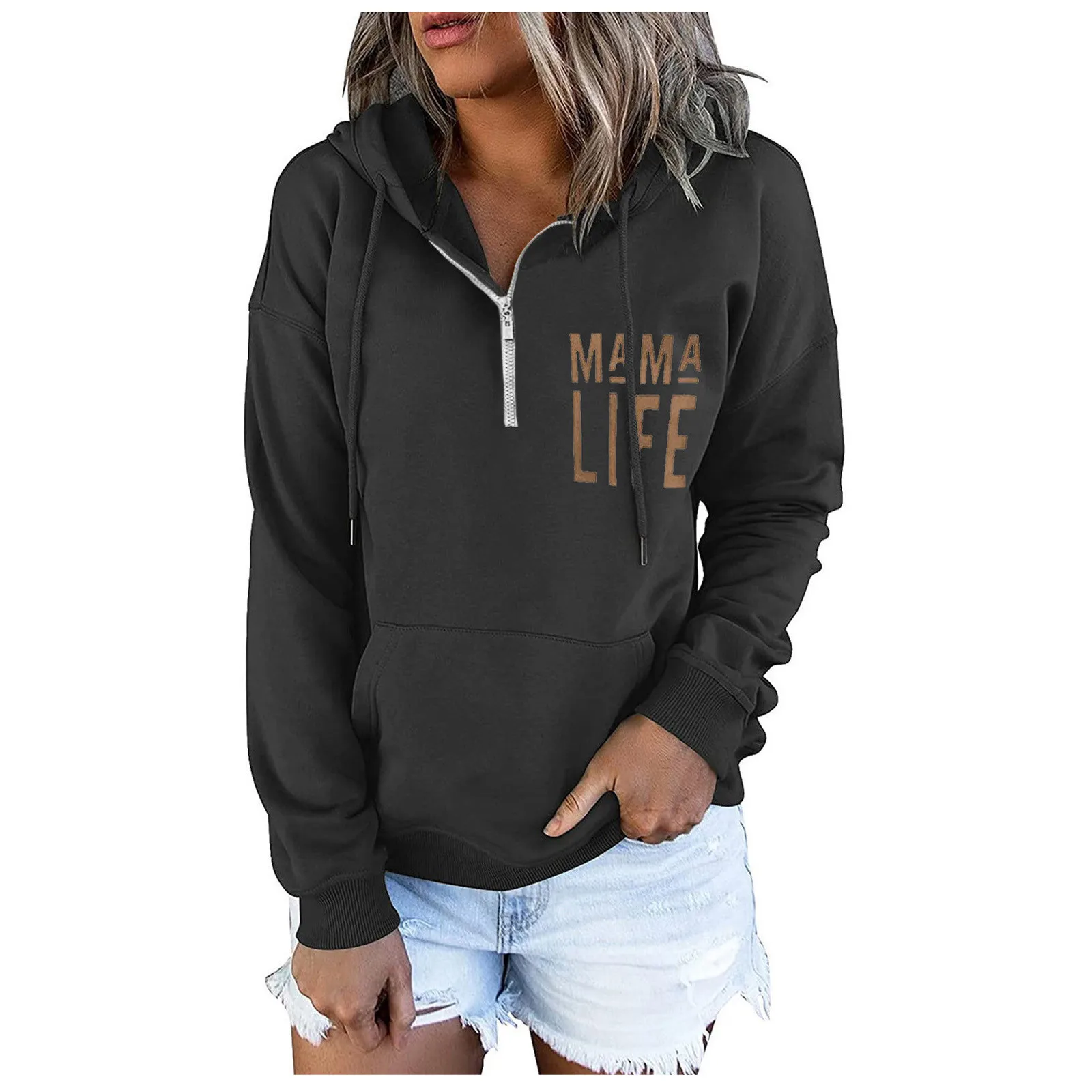 

Women's MAMA LIFE Printed Shirt Hooded Fashion Sweatshirts Long Sleeves Casual Hoodie Zip up Women Lightweight Women Hoodie