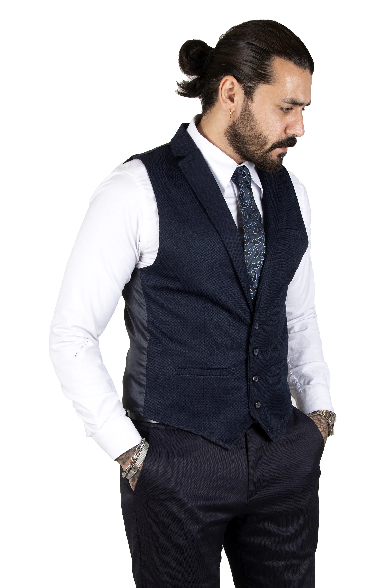 

DeepSEA Decorated Three Pockets Collar Four Button Slim Fit Male Cepken-Vest 2202077