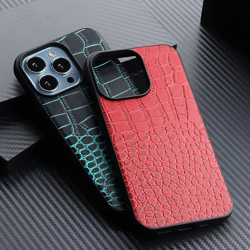 

Genuine Cowhide Leather Phone Case for iPhone 14 Pro Max 13 12 11 XS XR X 8 7 Vintage Classic Crocodile Texture Armor Back Cover