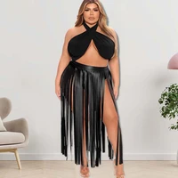 plus size women clothing pu tassels skirt suit fashion sexy halter crop top two pieces set nightclub summer beach solid outfit