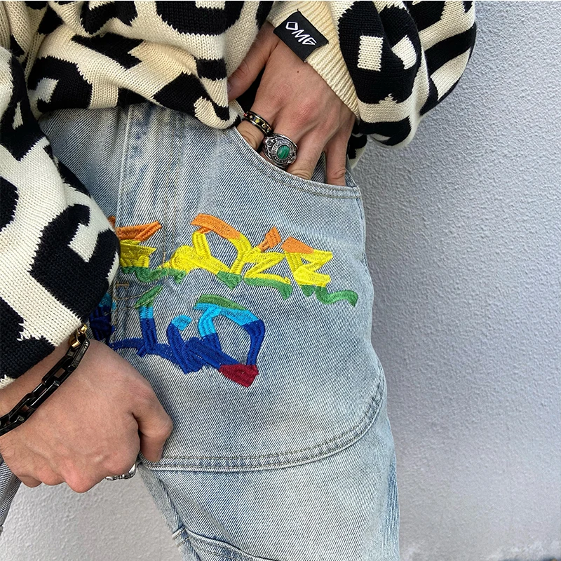 Men's Jeans American High Street Rainbow Embroidery Loose Jeans Women's Korean Fashion Jeans Hip Hop Men Clothing Y2k Pants Men
