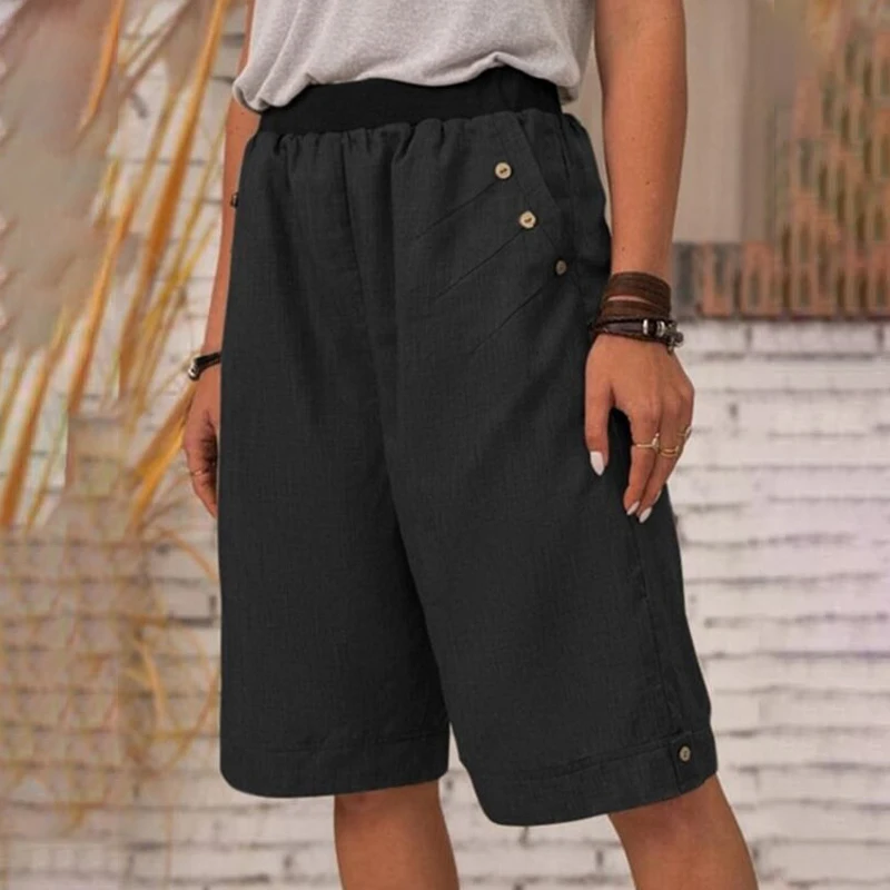 Women Elastic Waist Shorts Pants Button Chic Half Capris Trousers Summer Beach Travel Grunge Pants Lady Half Straight Pants