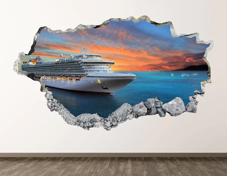 

Настенная Наклейка с круизным кораблем, закат океана, 3D разбитая стена, художественная наклейка, декор детской комнаты, виниловый домашний ...
