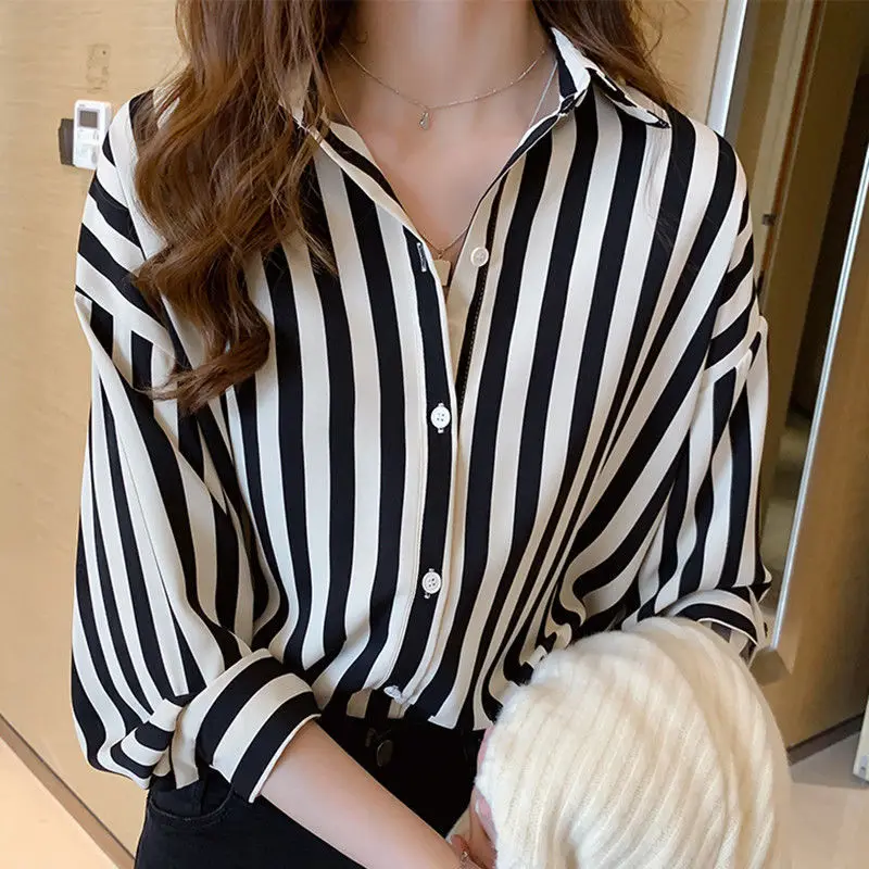 

Женская винтажная блузка в полоску, свободная рубашка в Корейском стиле, с отложным воротником и длинным рукавом, на пуговицах, 2023