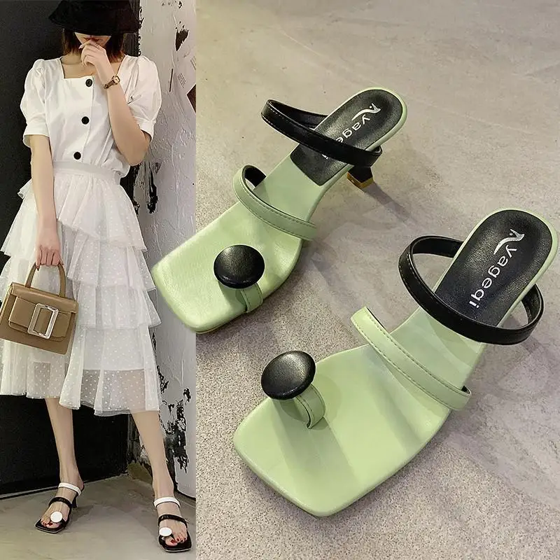 

One Word With Flip Flops High Heel Sandals Mid-heel Stiletto Hong Kong Style Slippers Women Summer Wear Ins Tide Shoes New 2021