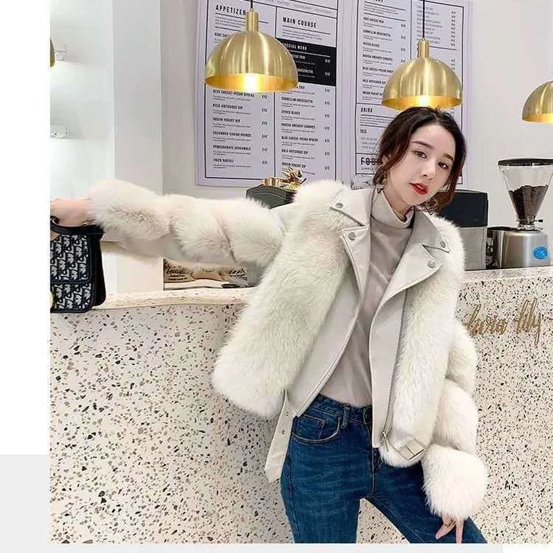 Women Winter Furry Faux Fur Overcoat Short High Quality Fake Fox Fur Coat Outwear Cropped Faux Fur and Leather Patchwork Jackets