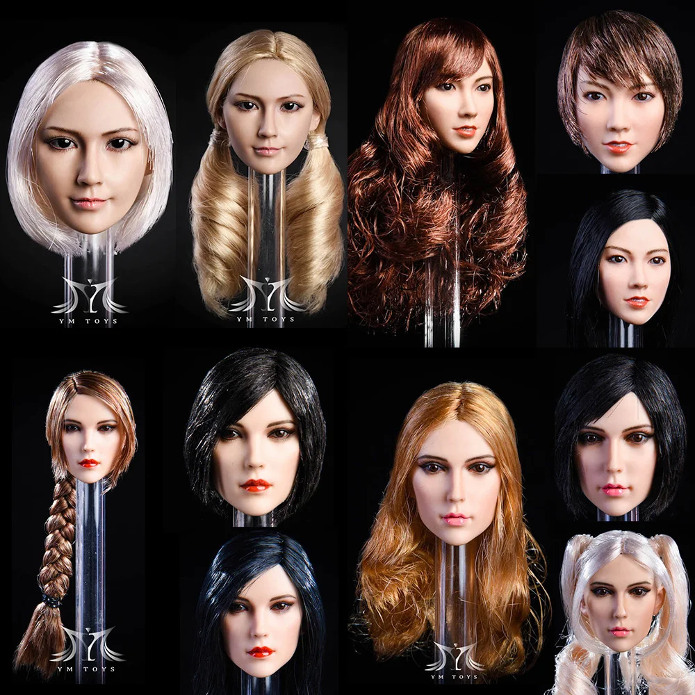 

YMTOYS 1/6 Women Soldier Head Sculpture Asia Girl Planted Hair Head Sculpt With Long/Short Hair Fit 12" Action Figure Doll