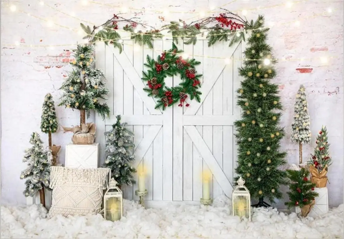 Фото Little Christmas Tree Banner Decoration Photography Backdrops Boho Merry White Wood Door Photo Background Glitter Lighted №2