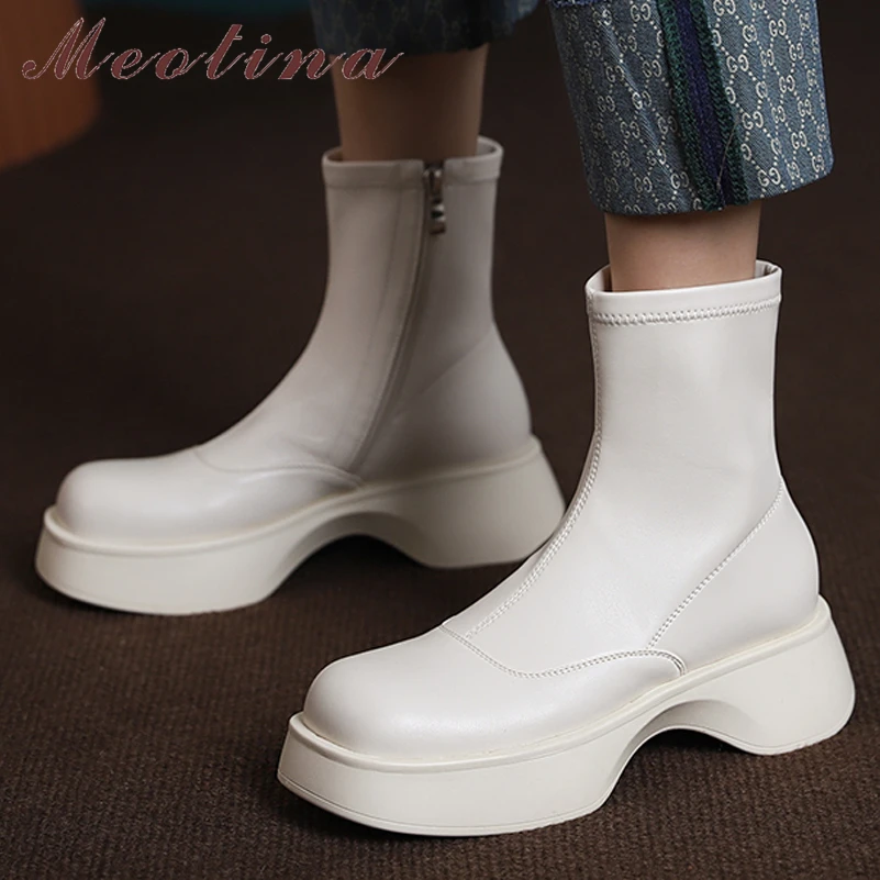 

Meotina Women Ankle Boots Square Toe Platform Mid Heel Zipper Fashion Strange Style Short Boot Autumn Winter Lady Shoes Beige 40
