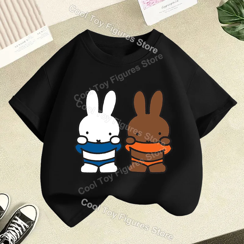 Фото Топ с короткими рукавами для девочек из серии Miffy, летняя детская футболка с мультяшным принтом, модная детская одежда с изображением кролика, забавный подарок на день рождения №5