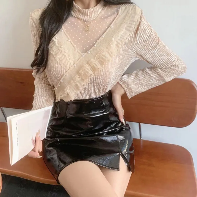 Женский осенне-зимний новый корейский ажурный лоскутный топ с полувысоким