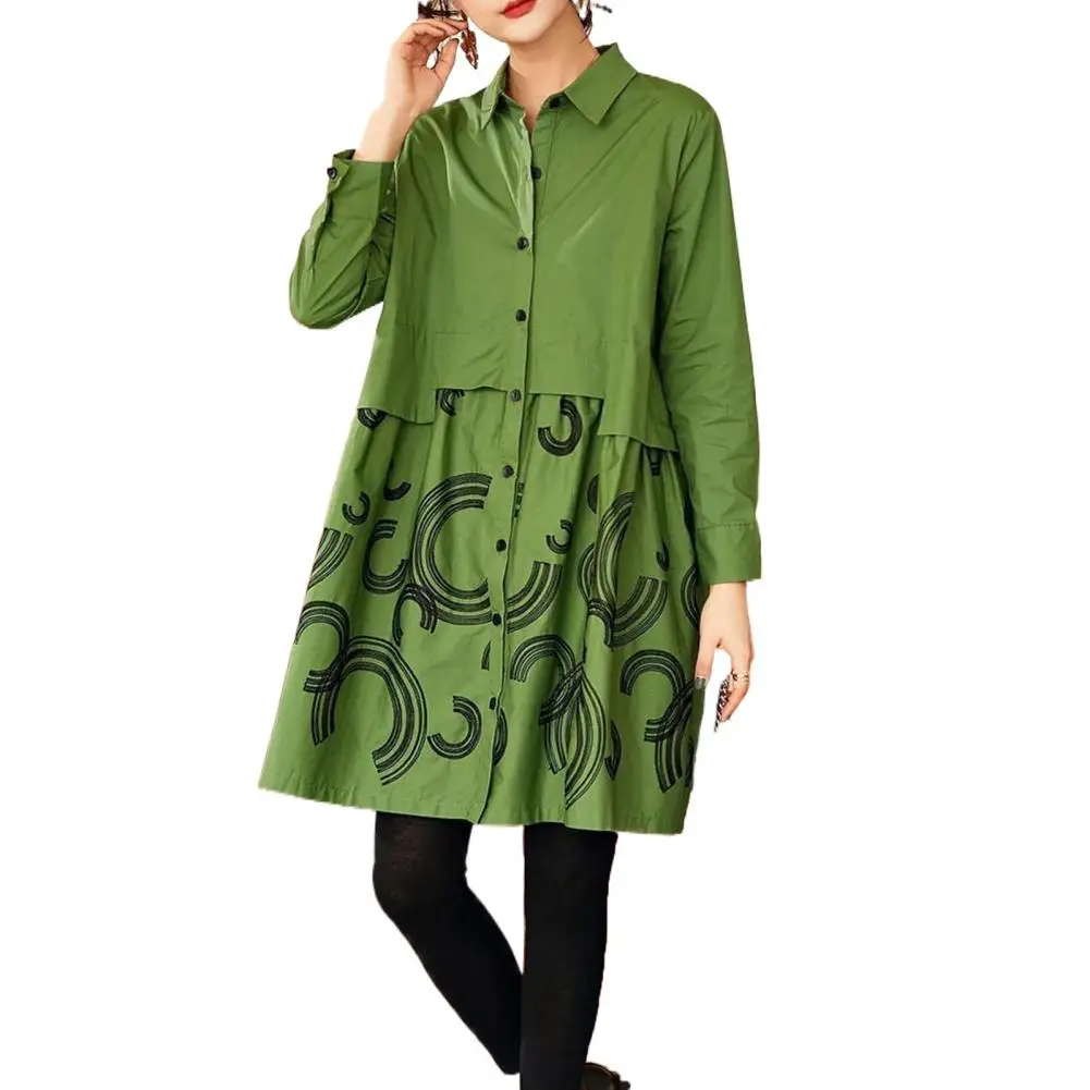 

Women Trench Coat Lapel Contrast Color Long Sleeves Mid-Length Single-breasted A-line Autumn Embroidered Women Shirt Dress