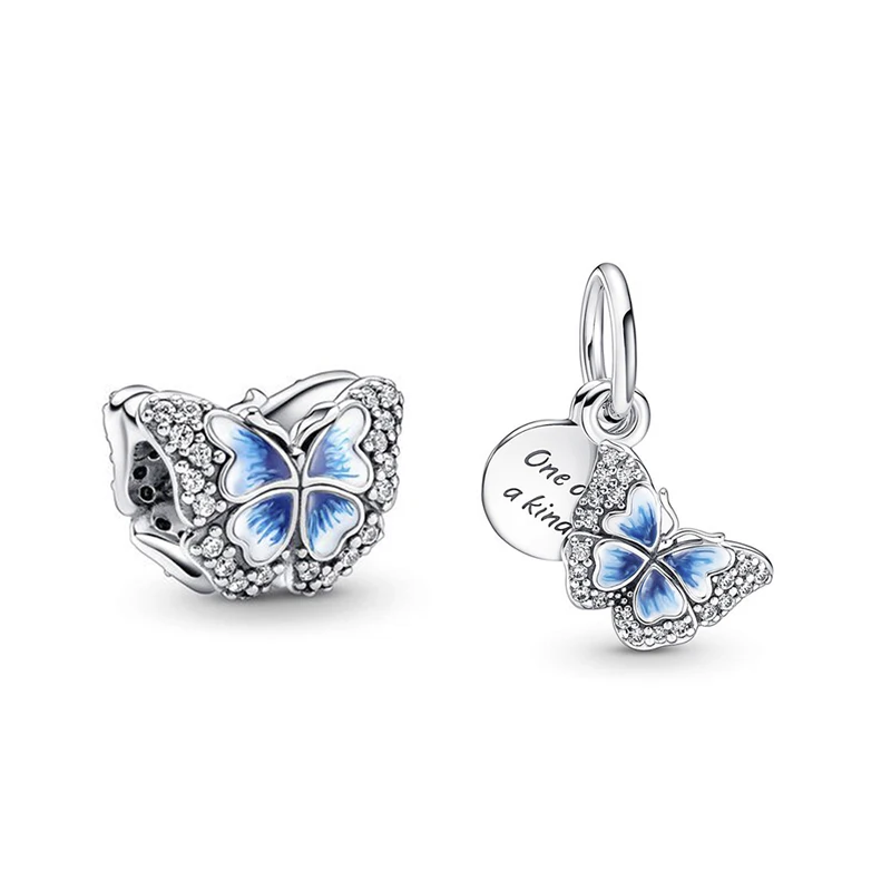 

Authentic New 925 Sterling Silver Blue Butterfly Dangle Beads Charms Fit Original Brand Bracelet Necklace Jewelry Women Berloque