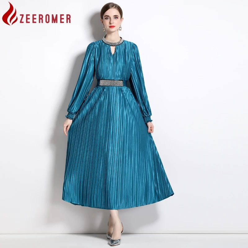 

ZEEROMER 2023 New Spring Runway Luxury Pearls Beading Pleated Dress Women Stand Collar Lantern Sleeve A-line Party Long Vestidos