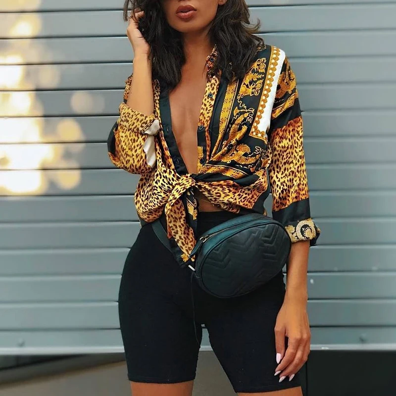 

2021 Spring Women Elegant Party Loose Button Shirt Turn-down Collar Female Leopard Print Knot Front Long Sleeve Blouse