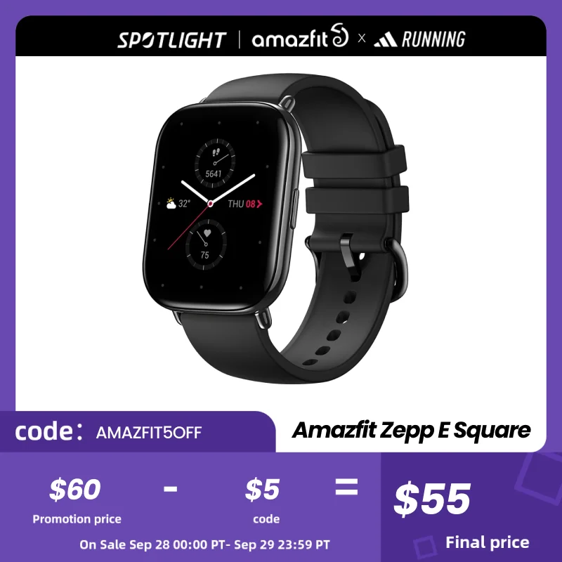  Global Version Zepp E Square Smartwatch Heart Rate Tracking 5ATM Water Resistant Smart Notification Always on Display 