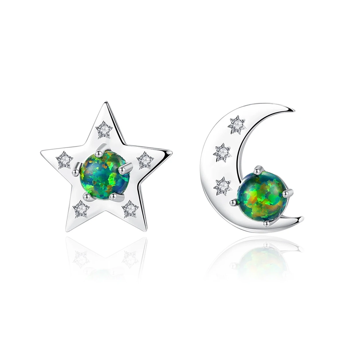 

Luxury S925 Sterling Silver Asymmetrical Star Moon Zircon Opal Stud Earrings for Women Girls Party Fine Jewelry Gemstone Eardrop