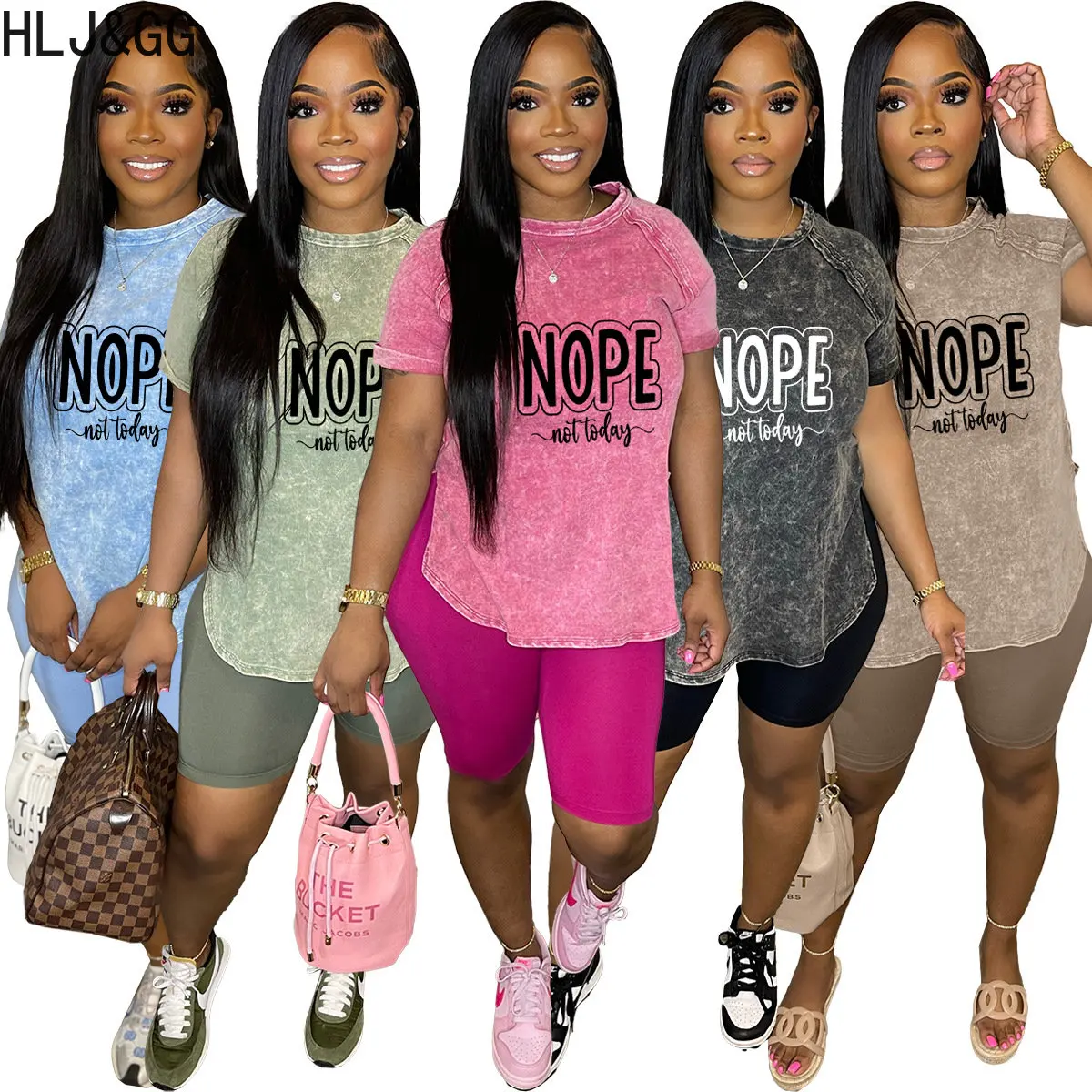 

HLJ&GG Casual Letter Printing Biker Shorts Sets Women Round Neck Tshirt And Shorts Two Piece Tracksuits Summer Matching Outfits