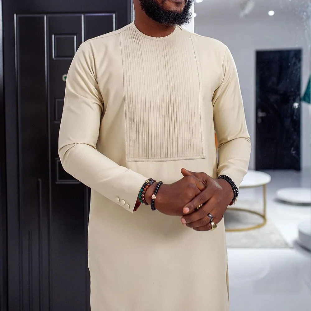 Muslim Shirt Men 2022 Fit Arab Youth Splicing Round Neck Solid Color Casual Shirt Male Long Sleeve Arabic Shirt