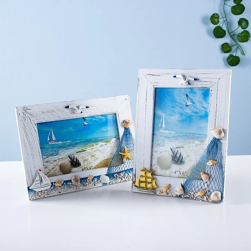 

6inch Photo Frames Beach Natural Style Bedroom Sailboat Shell Seabird Wooded Frames for Pictures Wall Painting Decor Accessory