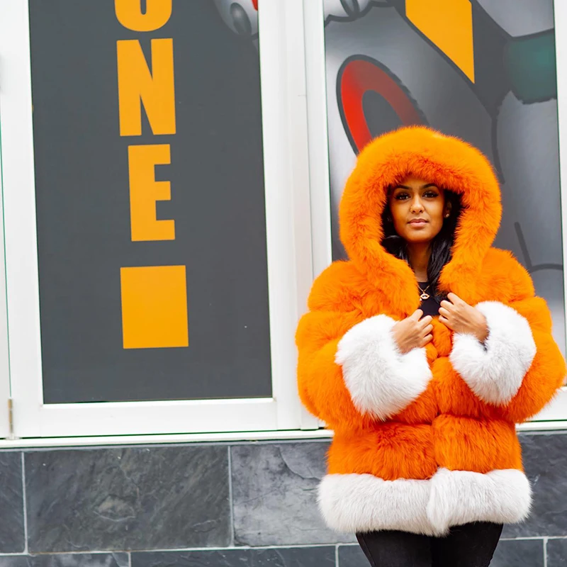 Contrast Color Genuine Hooded Fox Fur Jacket Women Winter High Street Thicken Outertwear Luxury Natural Fox Fur Coat Female