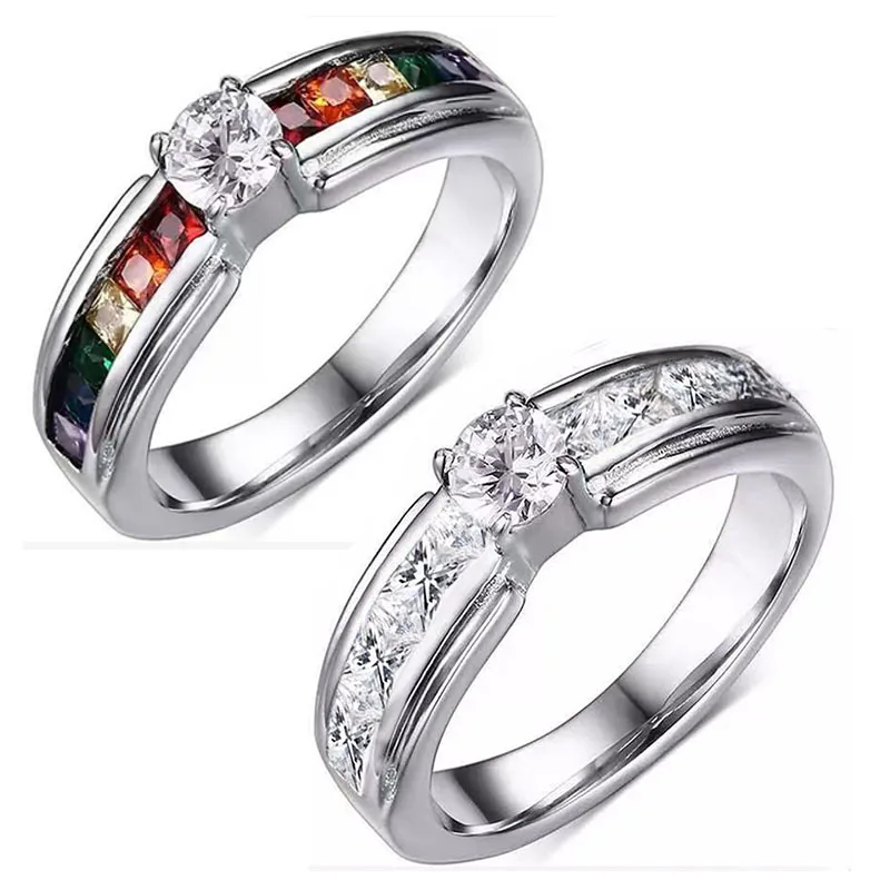 

Milangirl Ladies Ring Silver Plated Color Inlaid Colorful White Crystal Zircon Rhinestone Female Ring for Party Wedding Jewelry