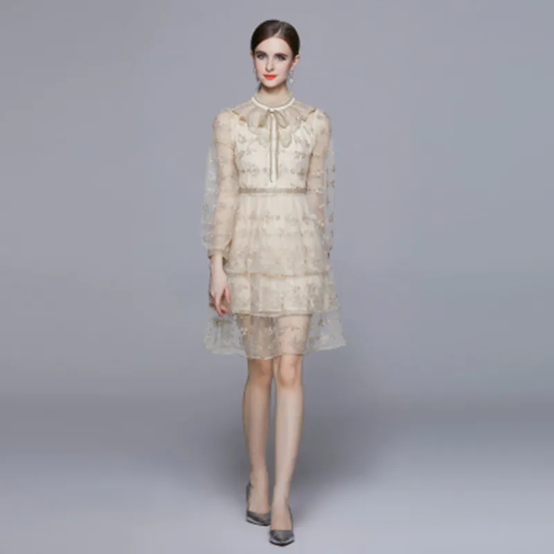 

Женское Сетчатое платье с вышивкой, Роскошное дизайнерское облегающее платье до колен с оборками и длинным рукавом, большие размеры, весна-лето 2023