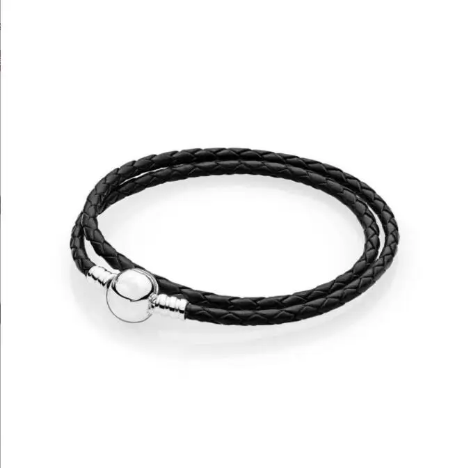 Женский двойной кожаный браслет из серебра 925 пробы