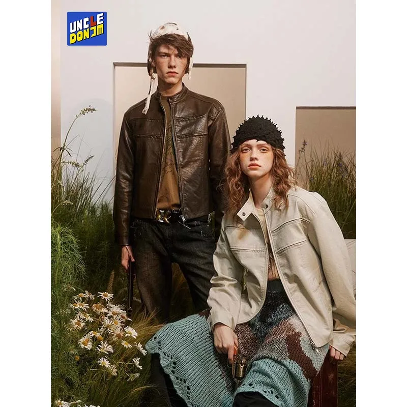 

Folding PU Leather Jacket Retro Stand Collar Short Motorcycle Jacket Couple Joker High Street Coat Leather Jacket Men